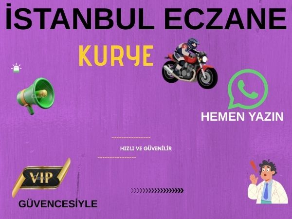 Eczaneden ilaç siparişi veren bir müşterinin kapısında paketi teslim eden motorlu kurye ve üzerinde "Eczane Kurye Avantajları" yazan liste.